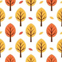 Lively autumn forest seamless tile pattern with colorful trees and fallen leaves vector