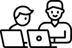 Latin mid aged manager mentor helps Asian worker using laptop in office two happy professional coworkers discuss online plan at work diverse businesspeople using computer and talki Set 6 vector