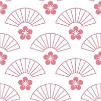 Japanese cherry blossoms and traditional fans seamless tile pattern with soft pink and white tones vector