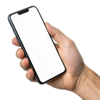 Hand holding a smartphone with a blank screen in a minimalistic setting isolated on transparent background png