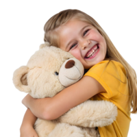 Happy girl hugging a teddy bear in a bright setting with a big smile png