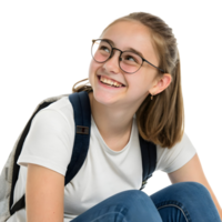 Teen girl with glasses smiles warmly while sitting on the floor during a candid moment in a bright setting png