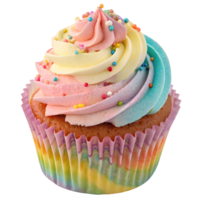Delightful rainbow cupcake with colorful frosting and sprinkles perfect for celebrations in a bakery setting png