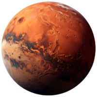 Detailed visual representation of Mars showcasing its unique surface features, including craters and valleys png