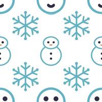 Icy snowflake and snowman seamless tile pattern with playful winter elements and cool tones vector