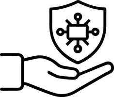 Holographic shield and data encryption icons held in one hand representing cybersecurity management vector
