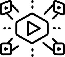 Holographic play button surrounded by multimedia elements representing streaming play functionality in digital media vector