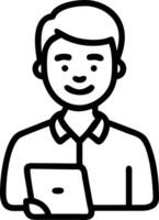 Happy young professional Latin business man looking at camera standing at work using tablet Portrait of smiling male company worker employee project manager or entrepreneur in off vector