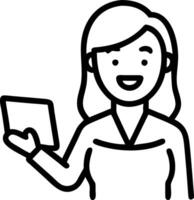 Happy young Asian saleswoman smiles at camera welcoming client executive manager offering professional business services while holding digital tablet in office portrait view conce vector