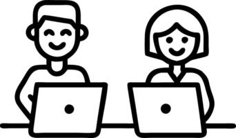 Happy young male manager helping mature female employee explaining computer work two happy busy professional business people using laptop technology working together in office vert vector