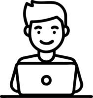 Happy young African business man looks at laptop during virtual meeting smiles as professional trader uses computer feels satisfied with market growth at work vector