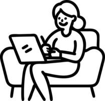 Happy stylish mature old woman remote working from home distance office on laptop taking notes smiling 60s middle aged business lady using computer watching webinar sit on couch wr vector