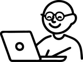 Happy smiling middle aged older mature man wearing glasses looking at laptop using computer writing notes watching webinar sitting at home table hybrid work elearning online learni vector