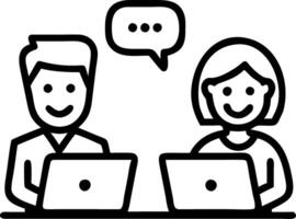 Happy professional smiling businessman and businesswoman having conversation at work executives team of two business people working talking using laptop technology standing in corp Set 4 vector