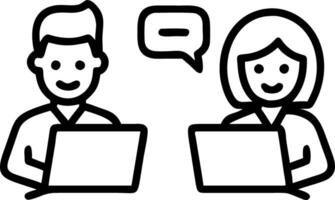 Happy professional smiling businessman and businesswoman having conversation at work executives team of two business people working talking using laptop technology standing in corp Set 5 vector