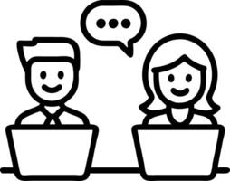 Happy professional smiling businessman and businesswoman having conversation at work executives team of two business people working talking using laptop technology standing in corp vector