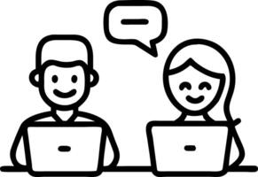 Happy professional smiling businessman and businesswoman having conversation at work executives team of two business people working talking using laptop technology standing in corp Set 2 vector