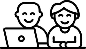 Happy mature older family couple laughing and bonding while sitting at home table with laptop satisfied with buying insurance and paying bills online vector