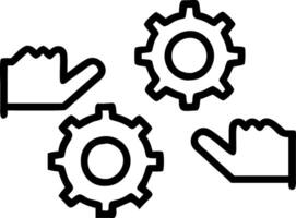 Hands engage with gears and holographic workflow icons symbolizing workflow automation and optimization processes vector