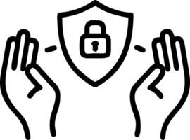 Hands form a shield containing holographic locks and icons symbolizing comprehensive security protection measures vector
