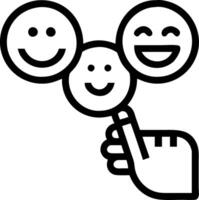 Hand using magnifying glass to focus on smile face among holographic feedback emoticons on yellow background in empty space vector