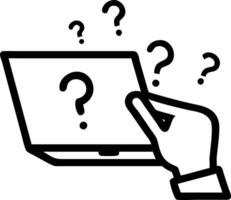 Hand using laptop with floating holographic question marks symbolizing problem solving and brainstorming in digital context vector