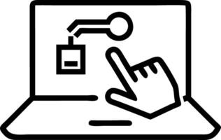 Hand using holographic legal services device displaying legal advice labor law notary public icons on laptop screen in empty space vector