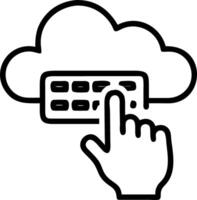 Hand typing on holographic SaaS interface displaying cloud computing software platforms icons in empty space vector