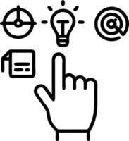 Hand typing on holographic MBA education device showing graduation cap target light bulb teamwork books icons in empty space Set 2 vector