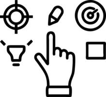 Hand typing on holographic MBA education device showing graduation cap target light bulb teamwork books icons in empty space vector