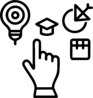 Hand typing on holographic MBA education device showing graduation cap target light bulb teamwork books icons in empty space Set 6 vector