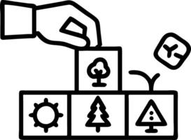 Hand stacking wooden blocks with icons like trees recycling and gears representing sustainability blocks in a creative workspace vector