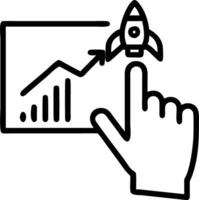 Hand touching holographic growing business graph device with rocket icon representing business startup investment goals corporate growth targets in empty space vector