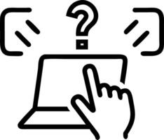 Hand sitting in front of laptop surrounded by floating question marks symbolizing inquiry decision making problem solving in digital context in empty space vector