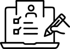Hand signing holographic e document employee evaluation form on laptop with HR icons in empty space vector