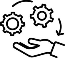 Hand rotating holographic gear icons alongside workflow automation indicators in empty space vector