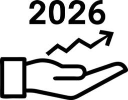 Hand presenting holographic year 2026 with ascending arrows showing business growth future goals strategy planning on digital timeline in empty space vector