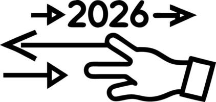 Hand pointing holographic timeline with year 2026 and ascending arrows showing business goals planning strategic growth on digital interface in empty space Set 3 vector