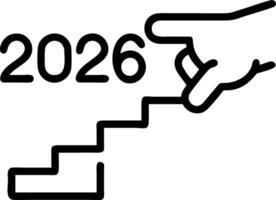 Hand pointing to holographic 2026 on staircase representing New Year business goals and growth in empty space vector