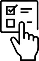 Hand making selections on holographic digital checklist interface showing assessment test quiz icons in empty space vector