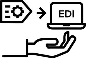 Hand interacting with laptop showing EDI Electronic Data Interchange icons global data transfer digital security information paperwork exchange in business context in empty space Set 2 vector