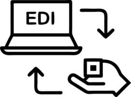 Hand interacting with laptop showing EDI Electronic Data Interchange icons global data transfer digital security information paperwork exchange in business context in empty space vector