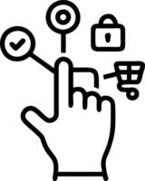 Hand interacting with holographic shopping e commerce device showing online shopping global connectivity marketing customer reviews icons in empty space vector