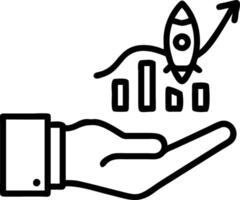 Hand interacting with holographic startup investment interface showing growing business graph and rocket icons in empty space vector