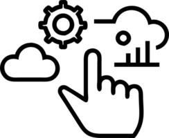 Hand interacting with holographic SAP interface device showing business process automation management software icons with gears charts cloud computing in empty space vector