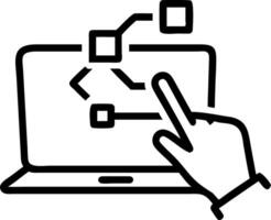 Hand interacting with holographic SAP system interface showing business process automation data management digital transformation icons on laptop in empty space Set 3 vector