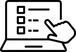 Hand interacting with holographic online survey interface on laptop displaying assessment checklist question icons representing online assessment and survey forms in empty space co vector