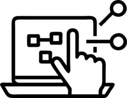 Hand interacting with holographic ERP interface showing business management scheduling resource optimization icons on laptop in empty space vector