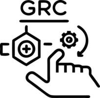 Hand interacting with holographic GRC compliance interface showing governance risk compliance icons in empty space vector