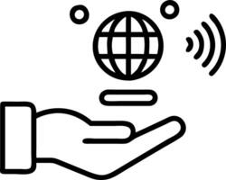 Hand interacting with holographic EDI device displaying global data transfer digital security information exchange icons in empty space vector